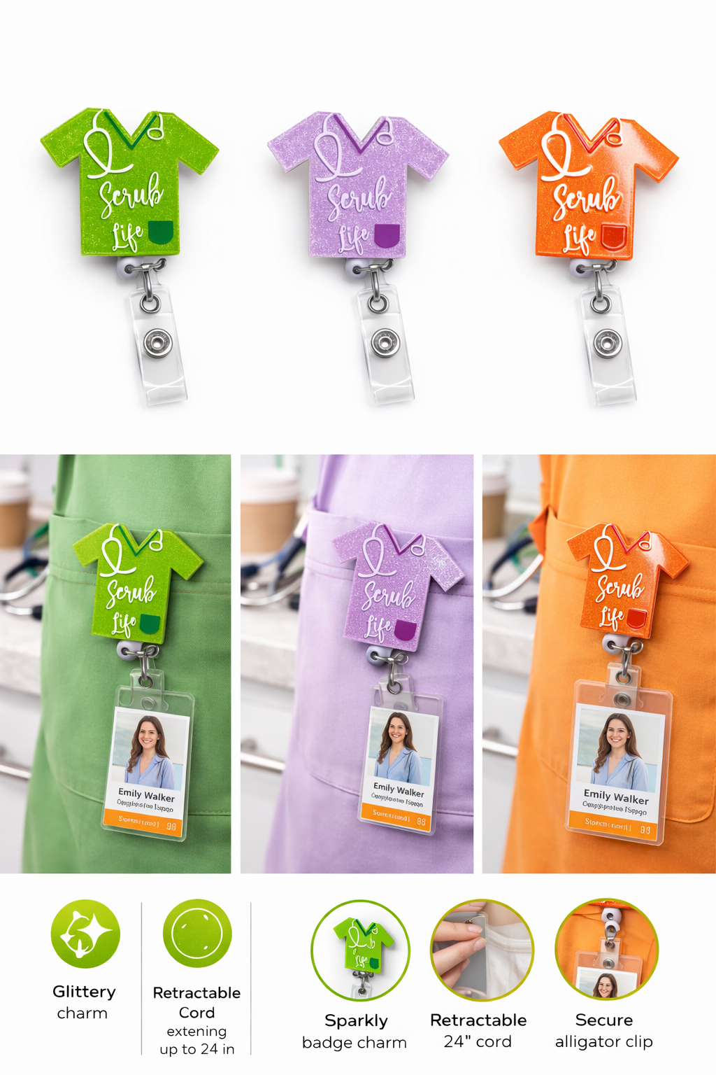 Scrub Life Glitter Badge Reel – Cute Retractable Nurse ID Holder