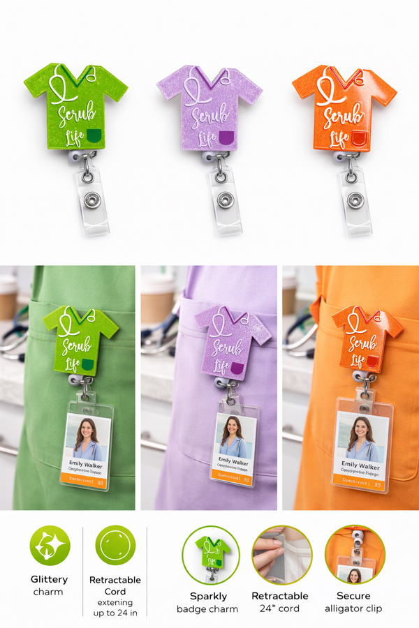 Scrub Life Glitter Badge Reel – Cute Retractable Nurse ID Holder